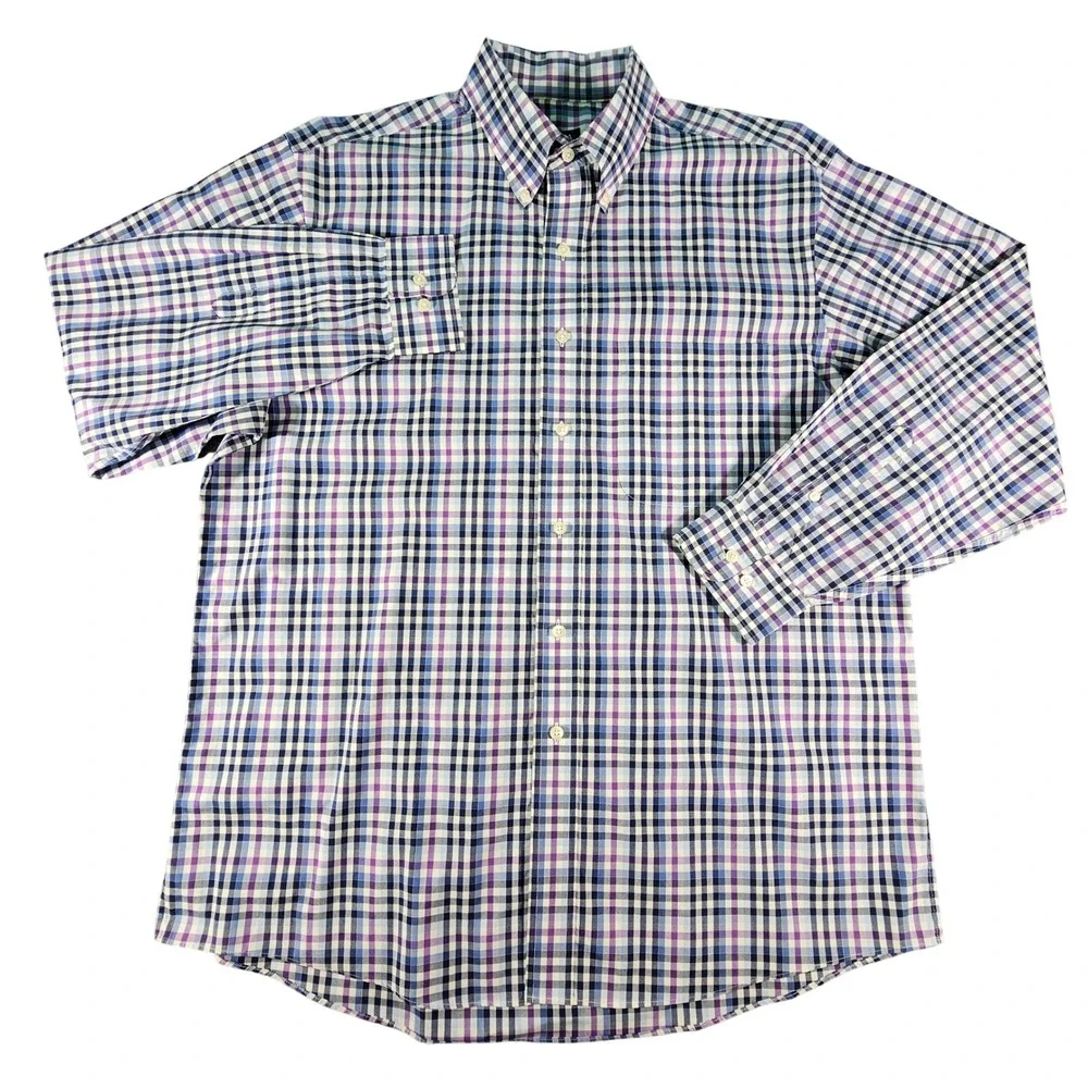 Jos. A. Bank Traveler's Collection Shirt Mens Large Purple Blue Plaid L/S Cotton